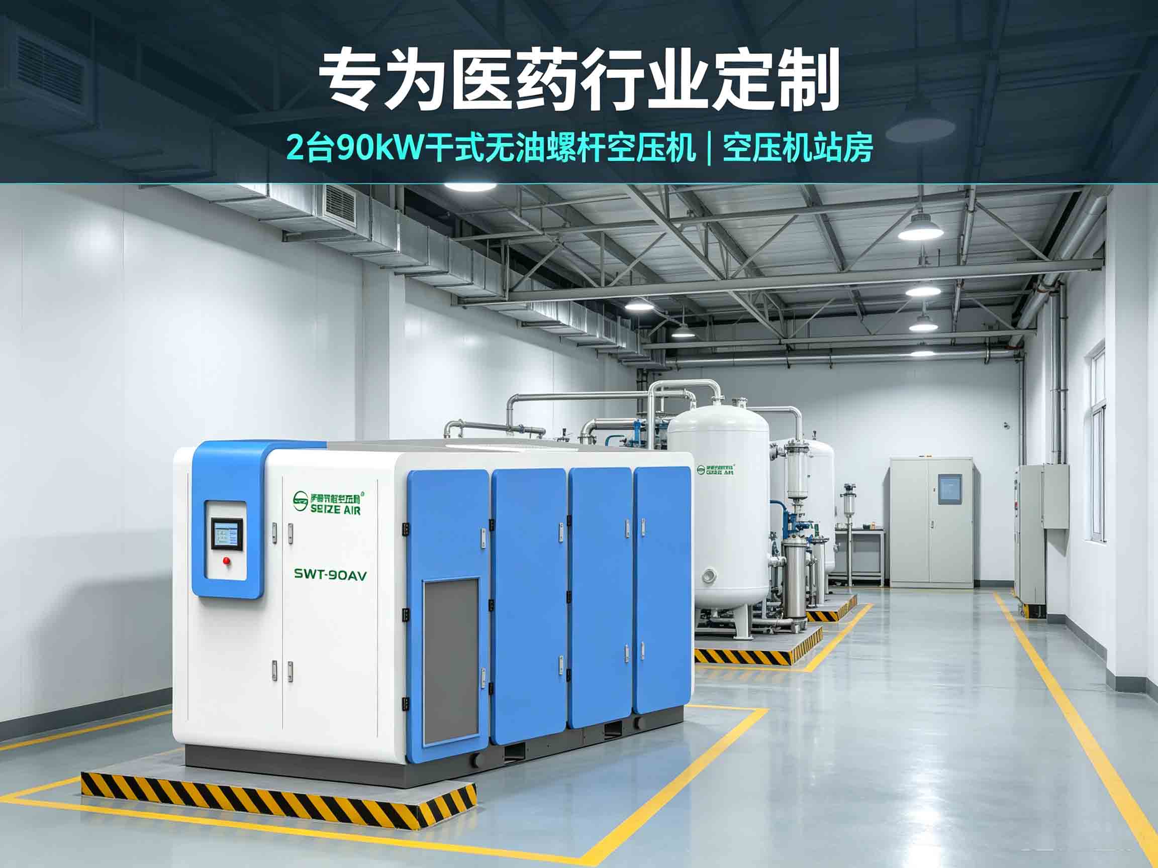 萨震90kW干式无油螺杆空压机固体制剂车间安装现场