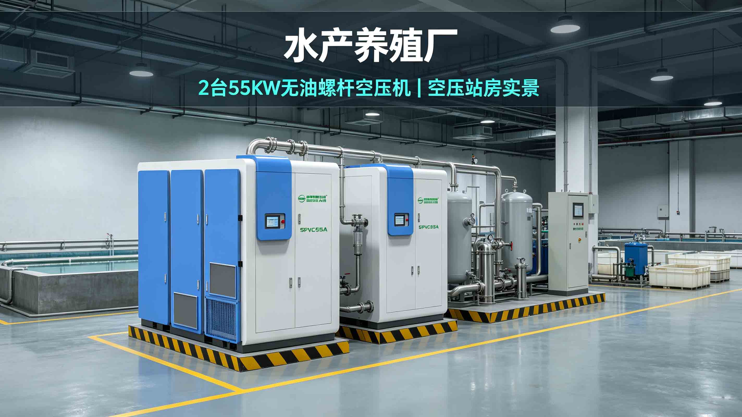 萨震55kW无油螺杆空压机水产养殖基地安装现场